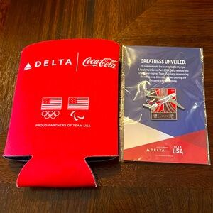 Delta Paris Olympics pin and koozie